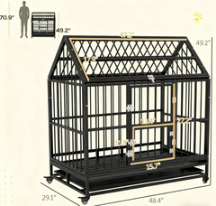Heavy Duty Dog Crate with 4 Lockable Wheels, Double Doors, and Removable Tray,  Black