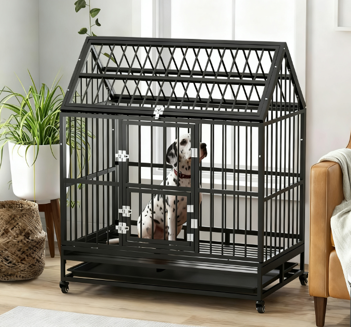 Heavy Duty Dog Crate with 4 Lockable Wheels, Double Doors, and Removable Tray,  Black