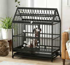 Heavy Duty Dog Crate with 4 Lockable Wheels, Double Doors, and Removable Tray,  Black