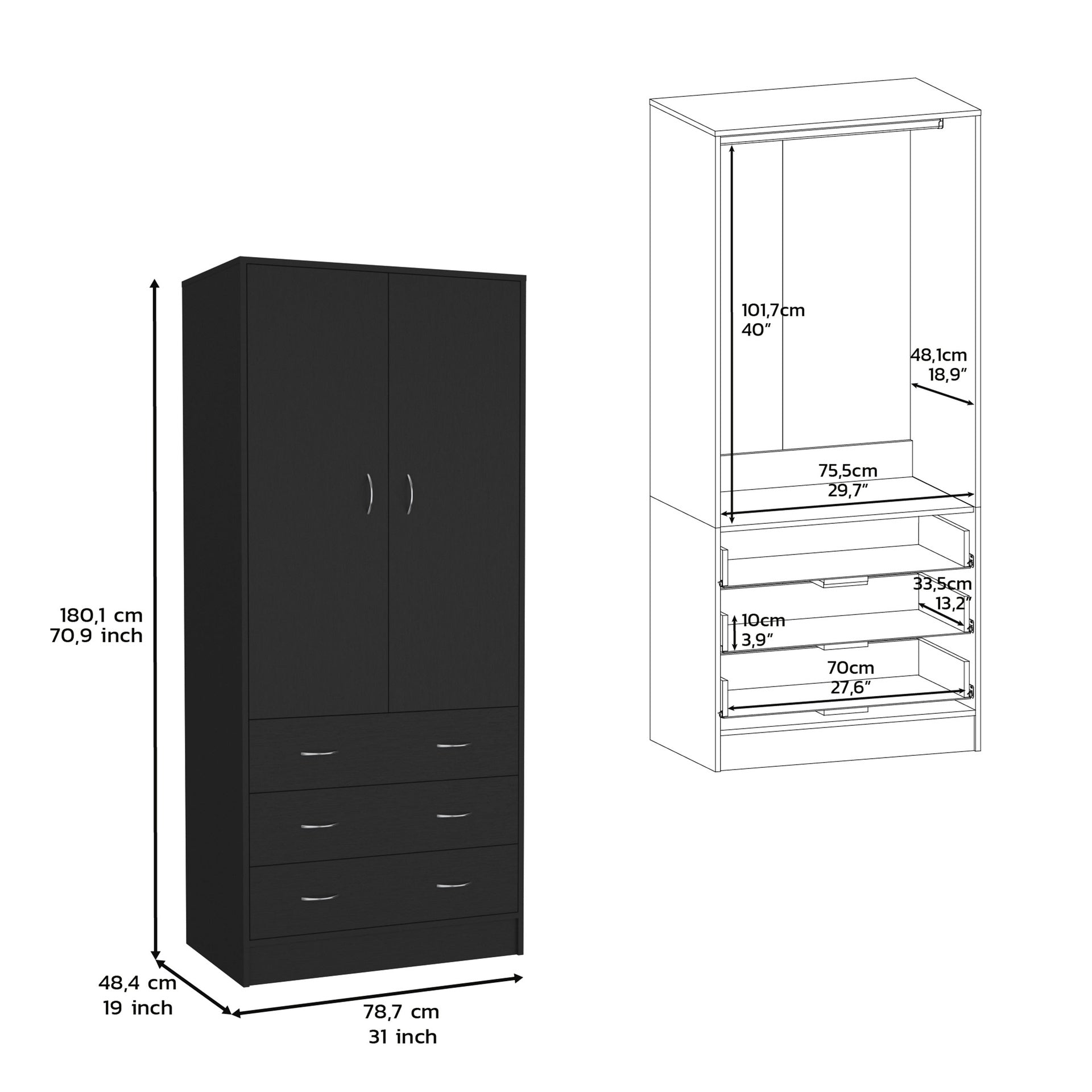 Armoire 71 inch H, with 2 doors, 3 drawers and 1 hanging rod, Black