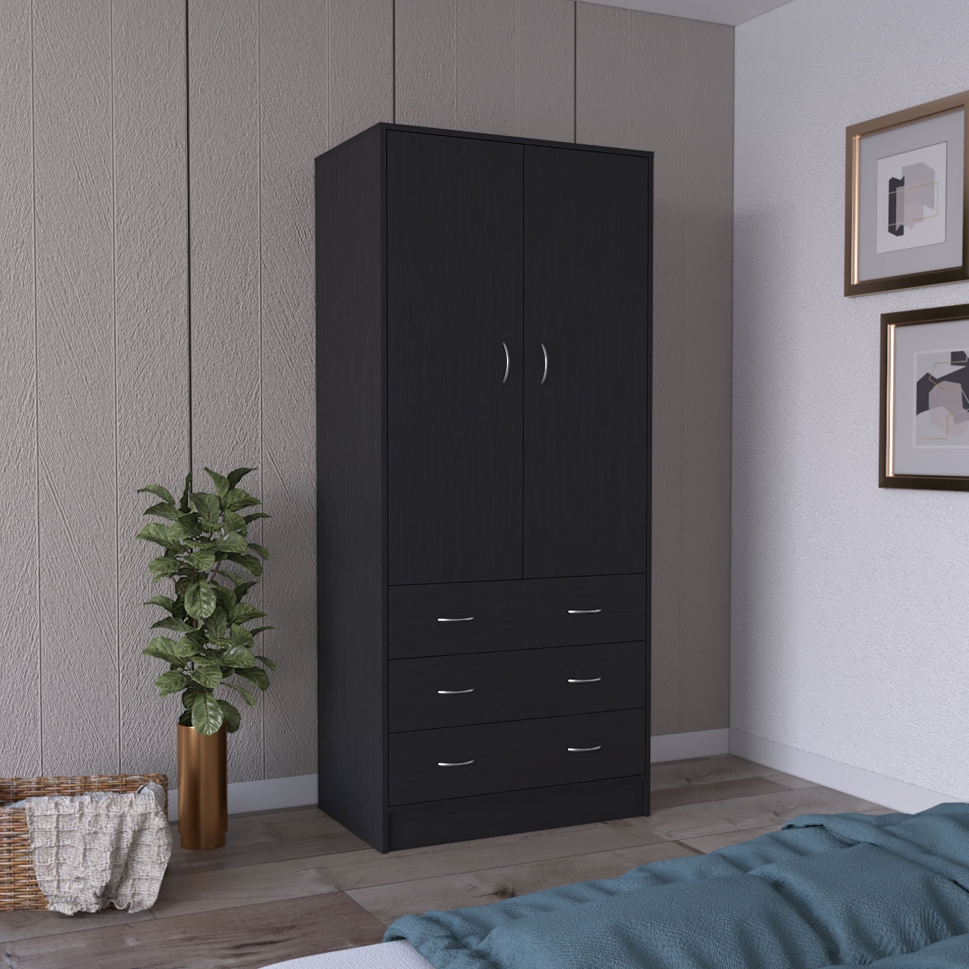 Armoire 71 inch H, with 2 doors, 3 drawers and 1 hanging rod, Black