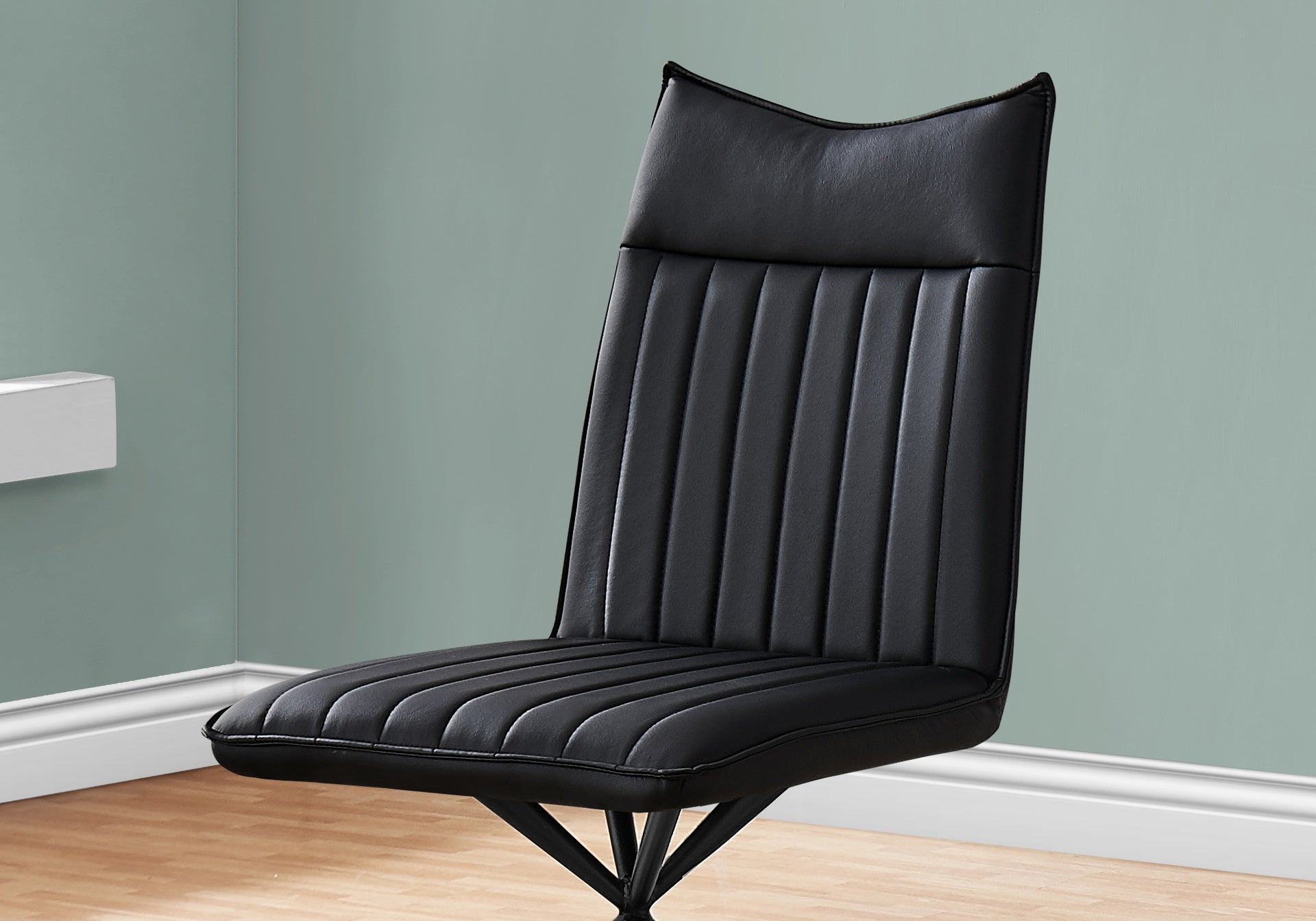 Dining Chair, Set Of 2, Side, Upholstered, Kitchen, Dining Room, Black Leather Look, Black Metal, Contemporary, Modern