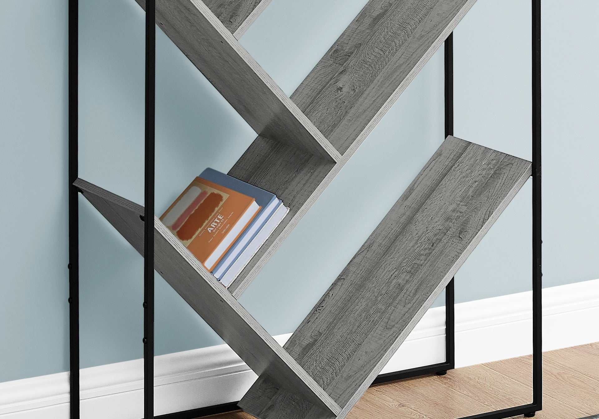 Bookshelf, Bookcase, Etagere, 3 Tier, 60"h, Office, Bedroom, Grey Laminate, Black Metal, Contemporary, Modern