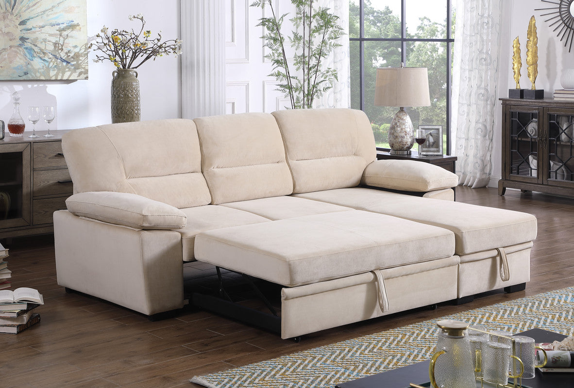 Kipriano 97.5"W Beige Velvet Fabric Reversible Sleeper Sectional Sofa Chaise