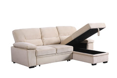 Kipriano 97.5"W Beige Velvet Fabric Reversible Sleeper Sectional Sofa Chaise