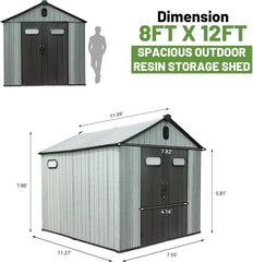 8X12FT Outdoor Resin Storage Shed, Waterproof Plastic Garden Shed with Lockable Door, Windows & Vents, Outside Tool Storage Shed for Patio Furniture, Lawn Mower, Bike