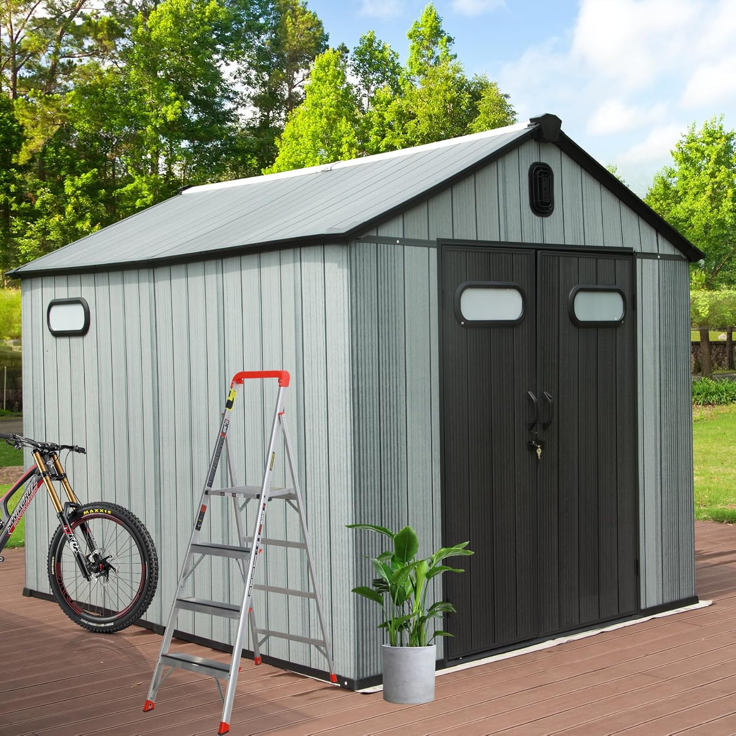 8X12FT Outdoor Resin Storage Shed, Waterproof Plastic Garden Shed with Lockable Door, Windows & Vents, Outside Tool Storage Shed for Patio Furniture, Lawn Mower, Bike