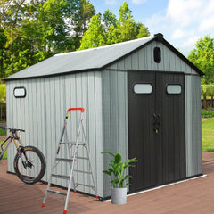 8X12FT Outdoor Resin Storage Shed, Waterproof Plastic Garden Shed with Lockable Door, Windows & Vents, Outside Tool Storage Shed for Patio Furniture, Lawn Mower, Bike