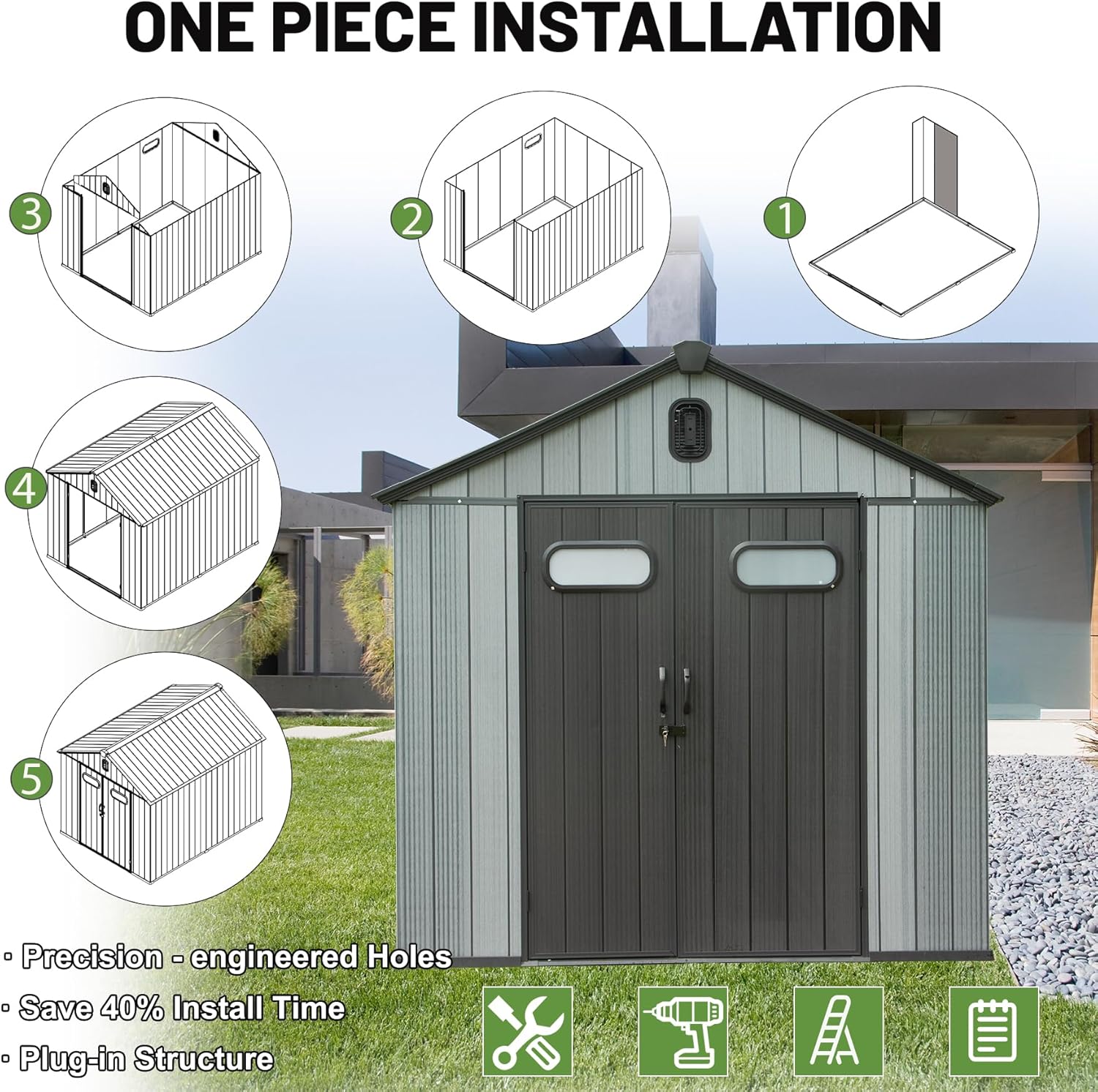 8X12FT Outdoor Resin Storage Shed, Waterproof Plastic Garden Shed with Lockable Door, Windows & Vents, Outside Tool Storage Shed for Patio Furniture, Lawn Mower, Bike