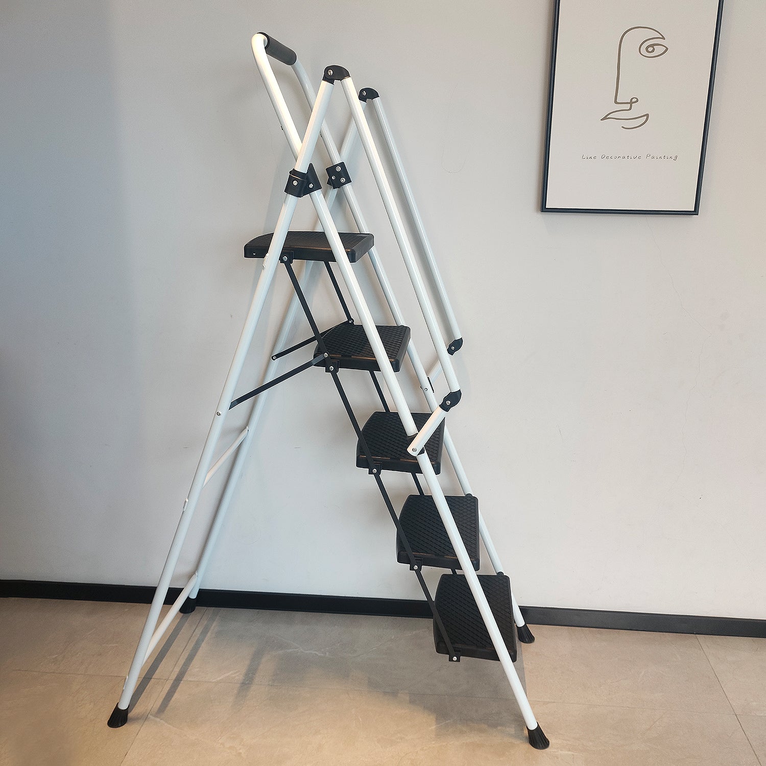 ladder, folding ladder stool, with anti slip wide pedals, steel ladder, with safety anti slip handle, lightweight 330 pound portable steel ladder stool in White 5 steps