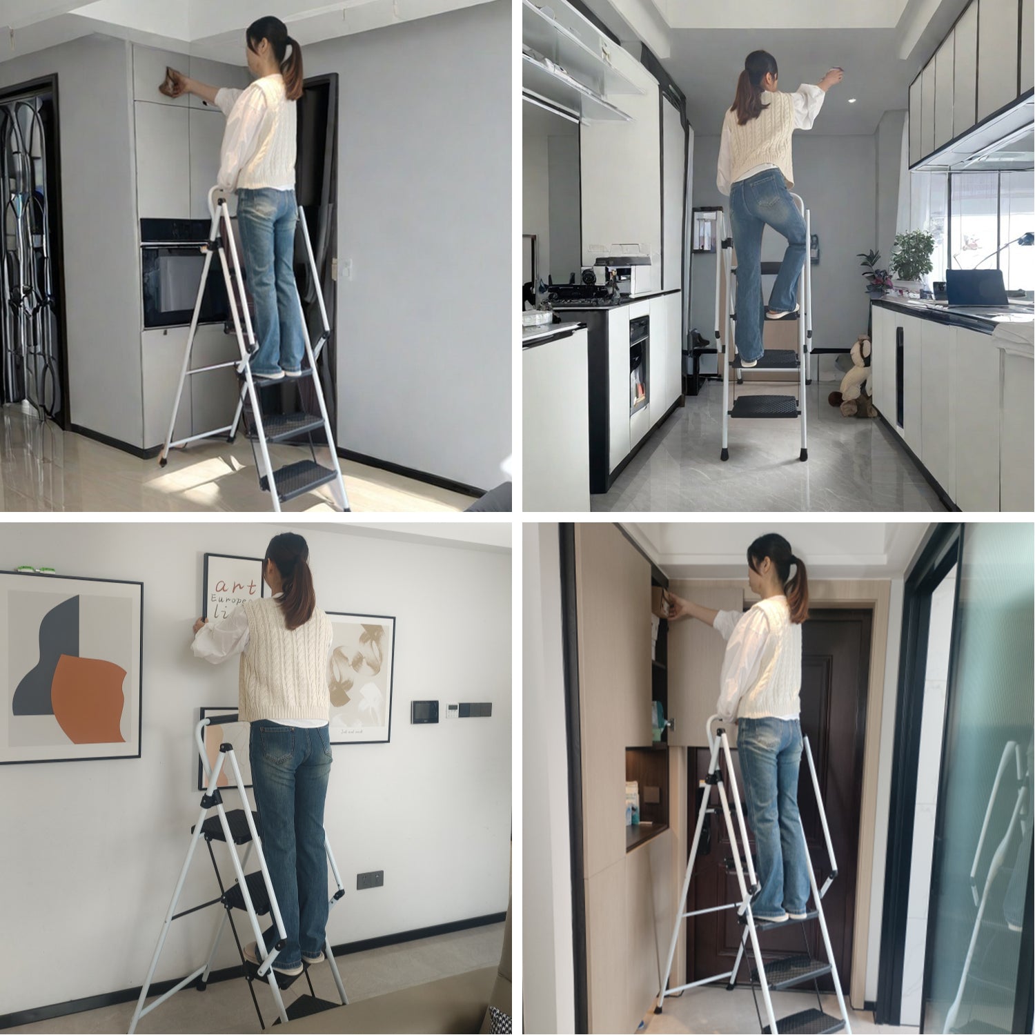 ladder, folding ladder stool, with anti slip wide pedals, steel ladder, with safety anti slip handle, lightweight 330 pound portable steel ladder stool in White 5 steps