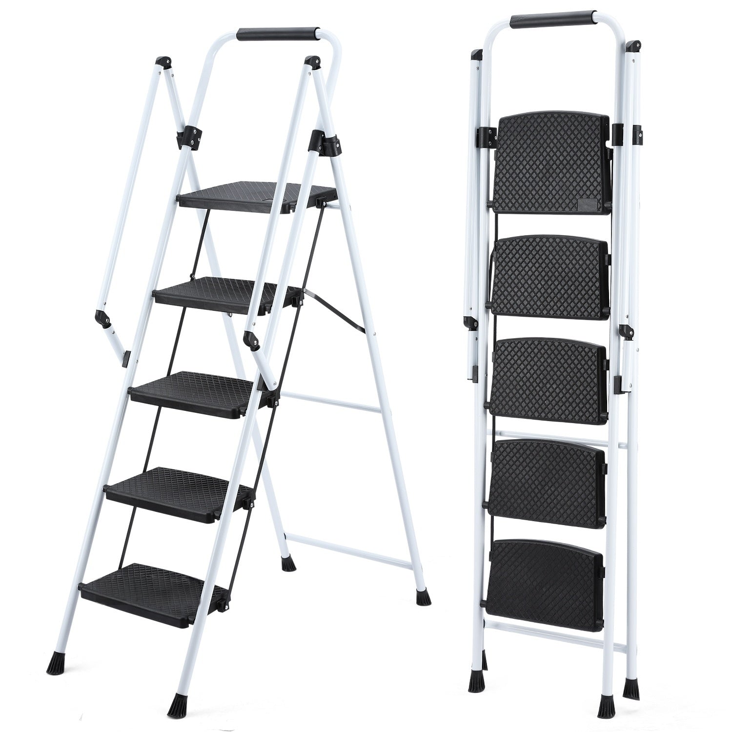ladder, folding ladder stool, with anti slip wide pedals, steel ladder, with safety anti slip handle, lightweight 330 pound portable steel ladder stool in White 5 steps