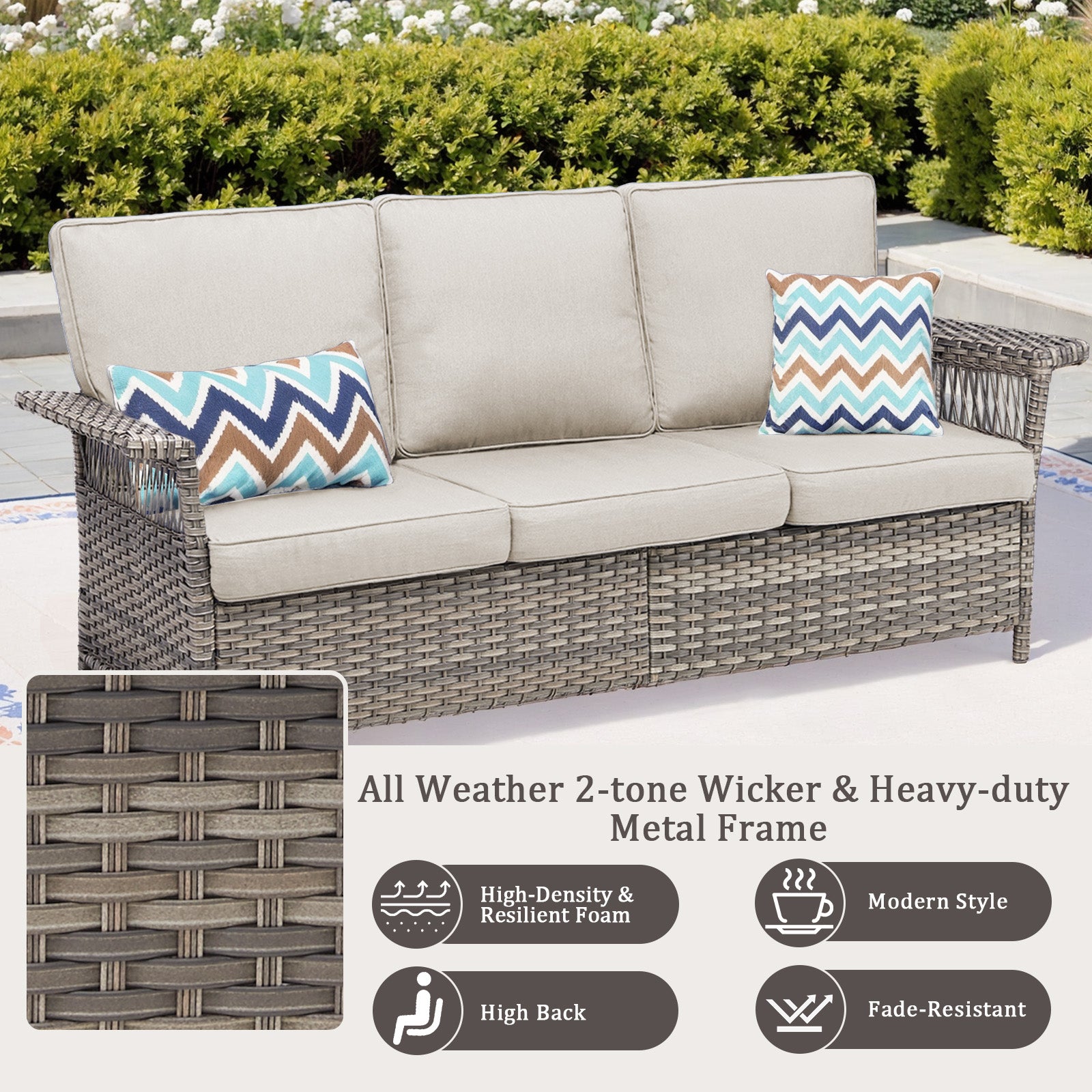 76.7" Wide Outdoor Wicker Patio Sofa, Wide Armrest Outdoor Couch with Beige Cushions for Porch Garden
