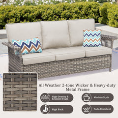 76.7" Wide Outdoor Wicker Patio Sofa, Wide Armrest Outdoor Couch with Beige Cushions for Porch Garden