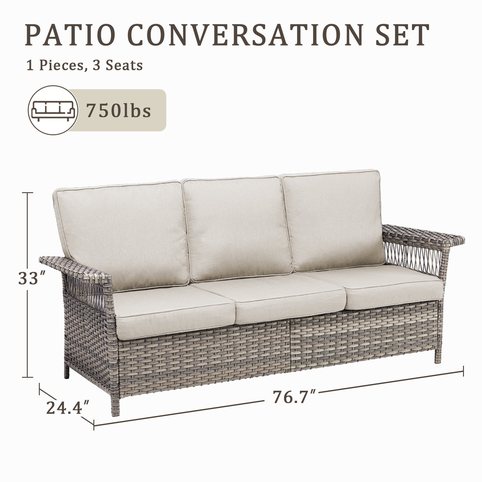 76.7" Wide Outdoor Wicker Patio Sofa, Wide Armrest Outdoor Couch with Beige Cushions for Porch Garden