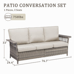 76.7" Wide Outdoor Wicker Patio Sofa, Wide Armrest Outdoor Couch with Beige Cushions for Porch Garden