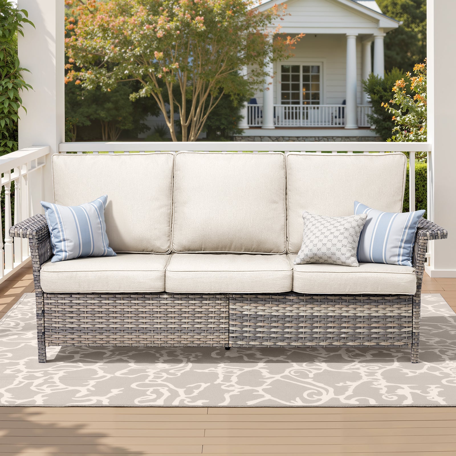 76.7" Wide Outdoor Wicker Patio Sofa, Wide Armrest Outdoor Couch with Beige Cushions for Porch Garden