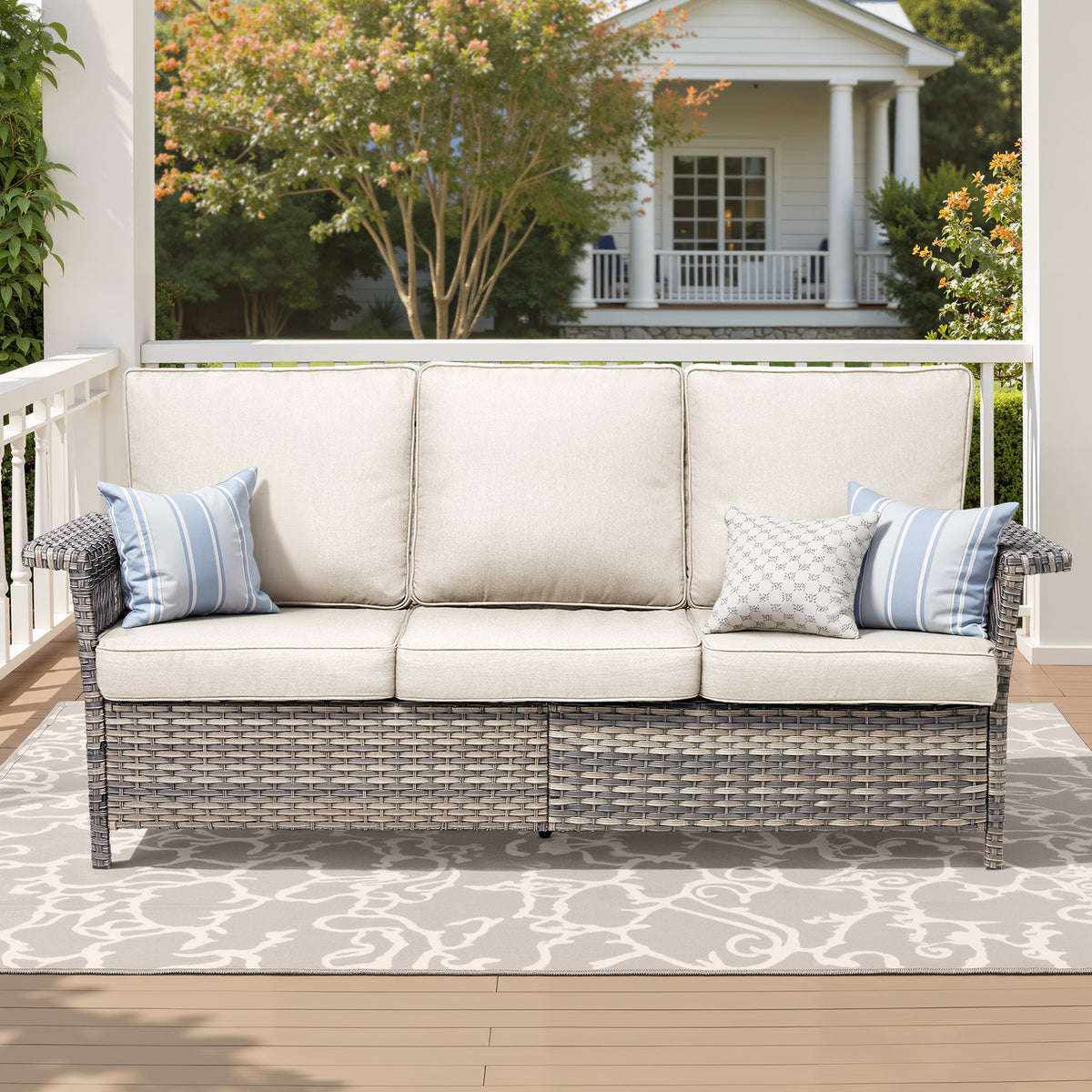 76.7" Wide Outdoor Wicker Patio Sofa, Wide Armrest Outdoor Couch with Beige Cushions for Porch Garden