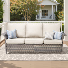 76.7" Wide Outdoor Wicker Patio Sofa, Wide Armrest Outdoor Couch with Beige Cushions for Porch Garden