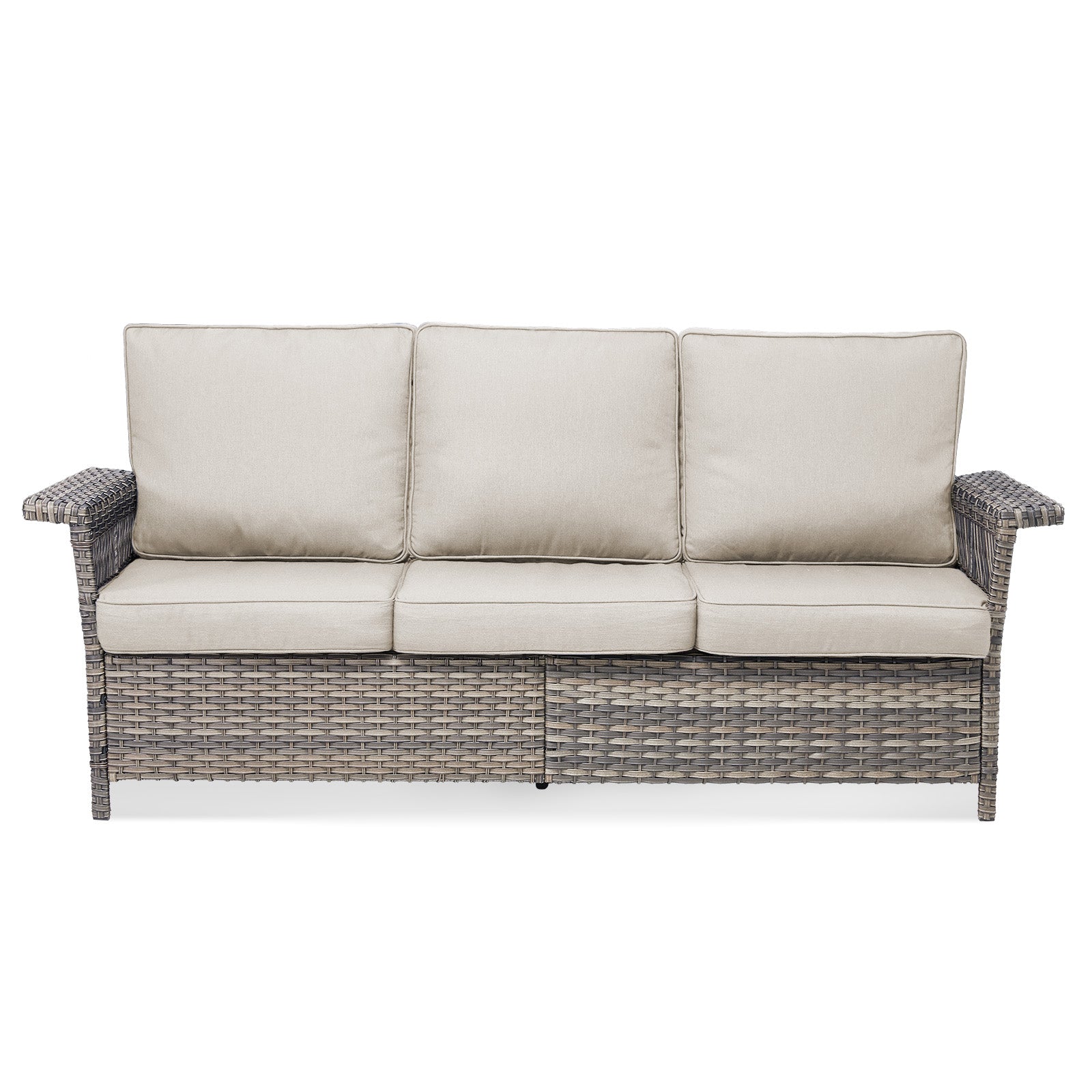 76.7" Wide Outdoor Wicker Patio Sofa, Wide Armrest Outdoor Couch with Beige Cushions for Porch Garden