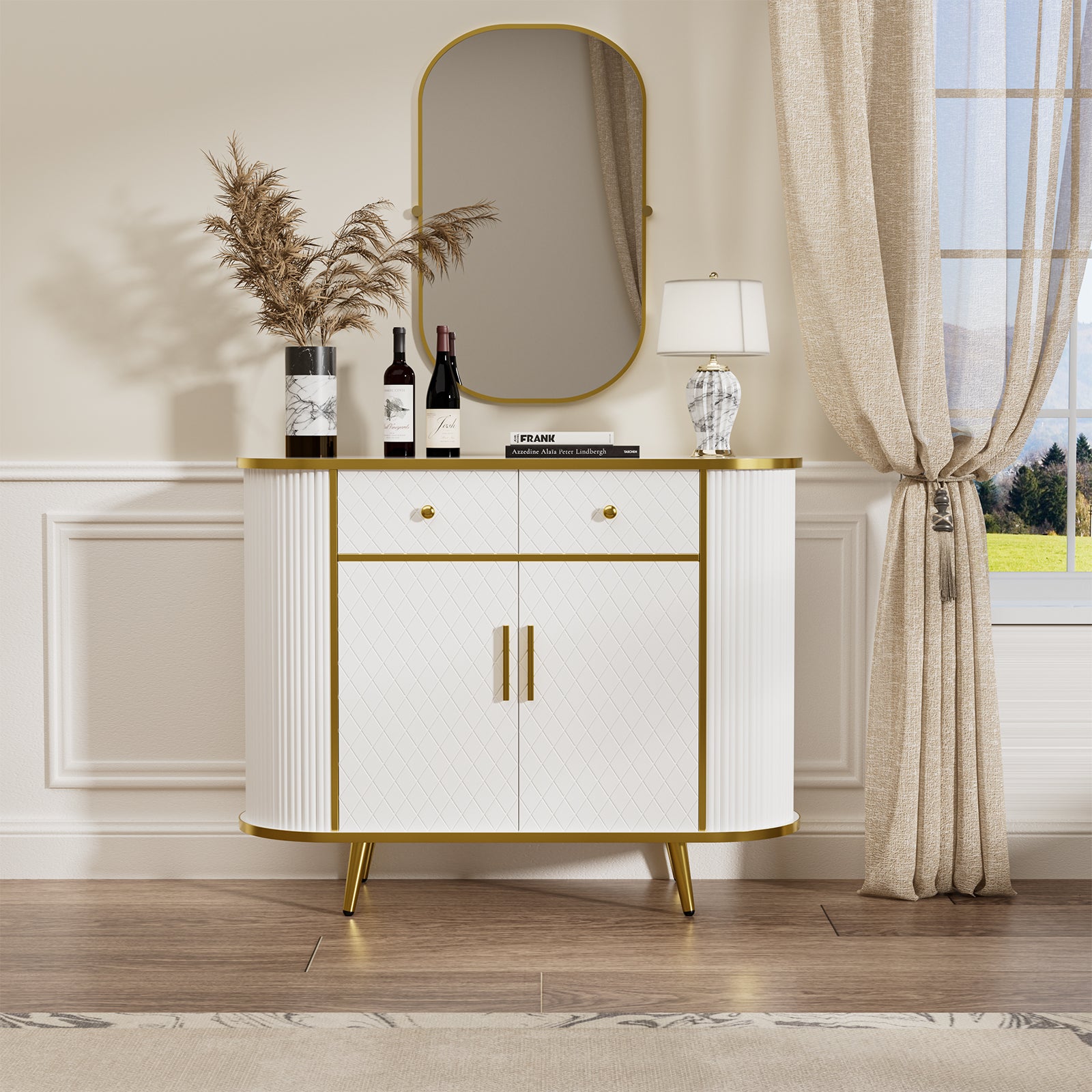 Luxury Fluted Curved Sideboard Buffet Storage Cabinet with 2 Drawers and Doors for Living Room, Entryway, Hallway, White & Golden