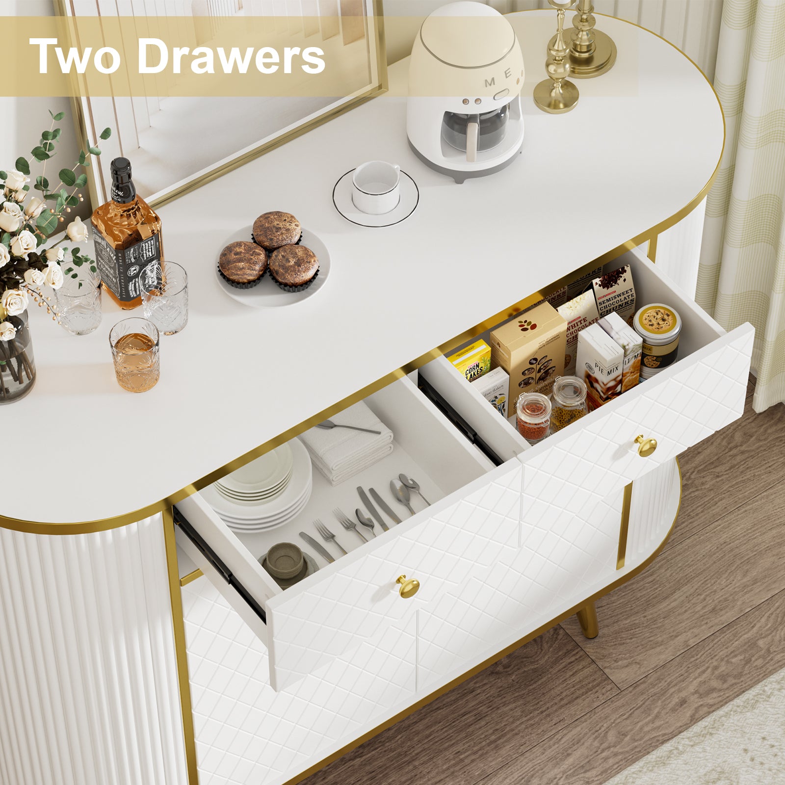 Luxury Fluted Curved Sideboard Buffet Storage Cabinet with 2 Drawers and Doors for Living Room, Entryway, Hallway, White & Golden