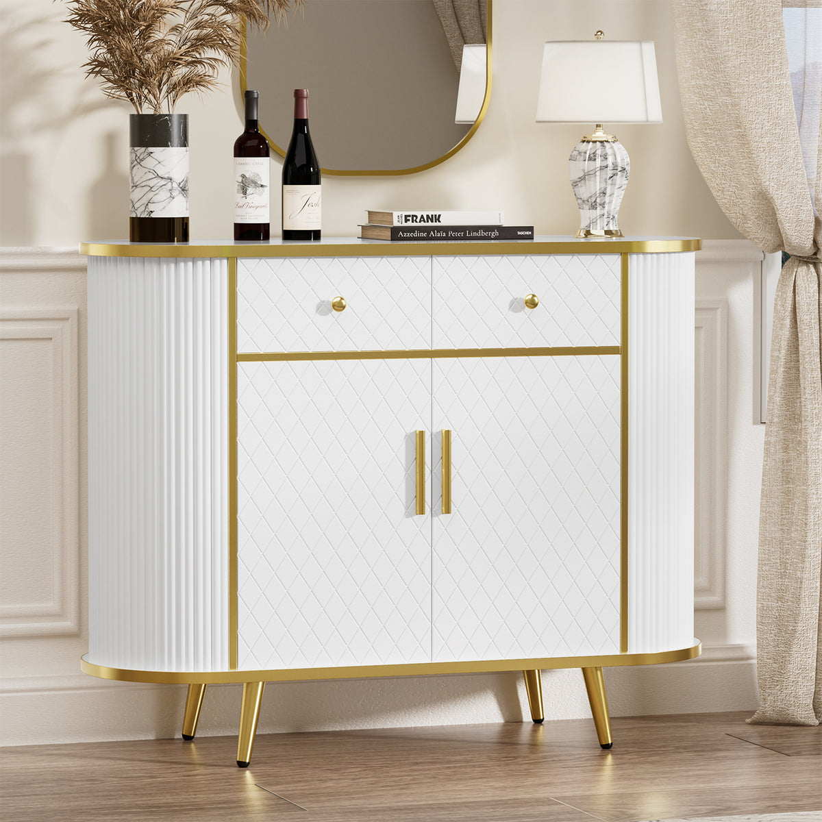 Luxury Fluted Curved Sideboard Buffet Storage Cabinet with 2 Drawers and Doors for Living Room, Entryway, Hallway, White & Golden