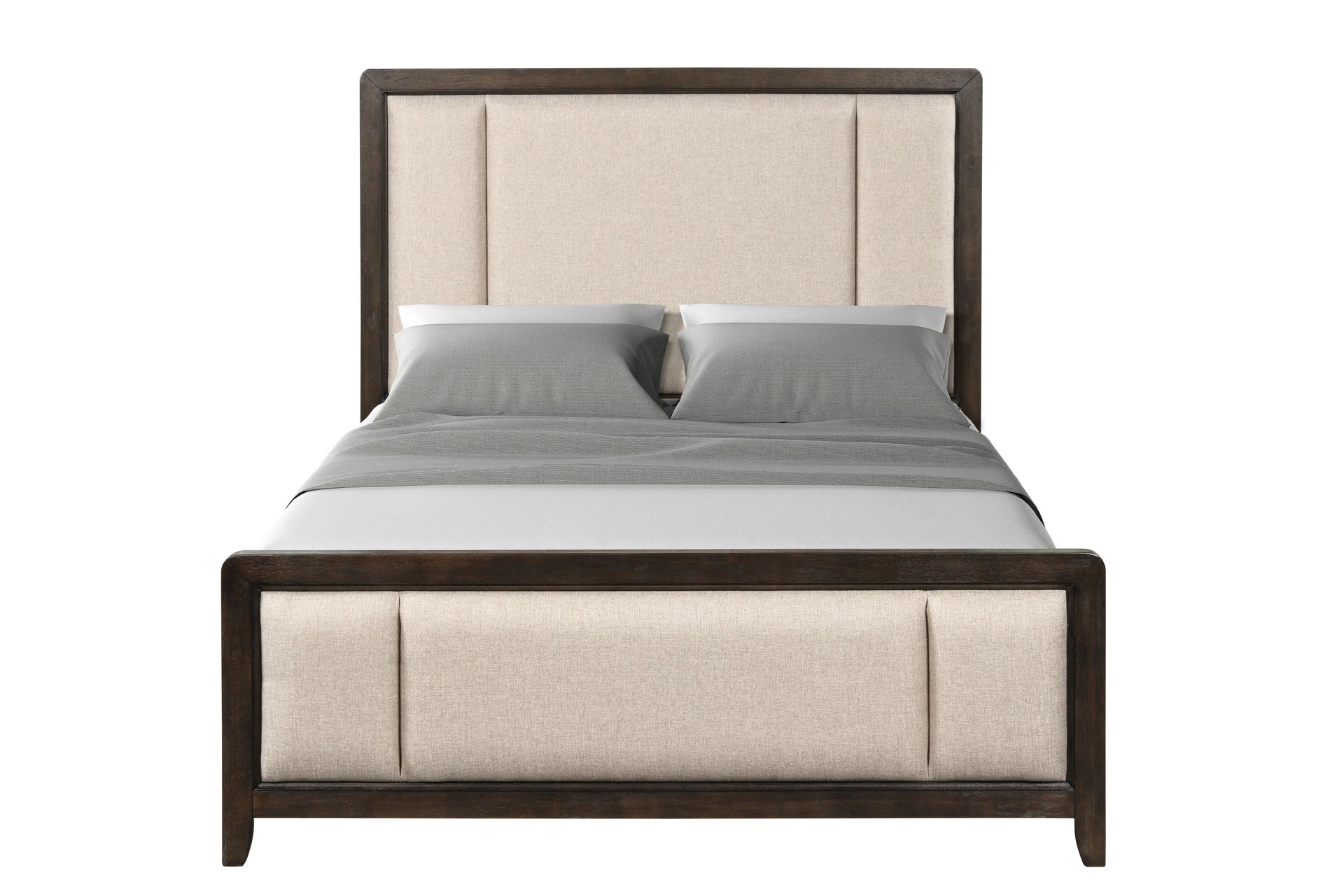 King Upholstered Headboard & Footboard Antique Brown Wood Finish with Traditional Styling