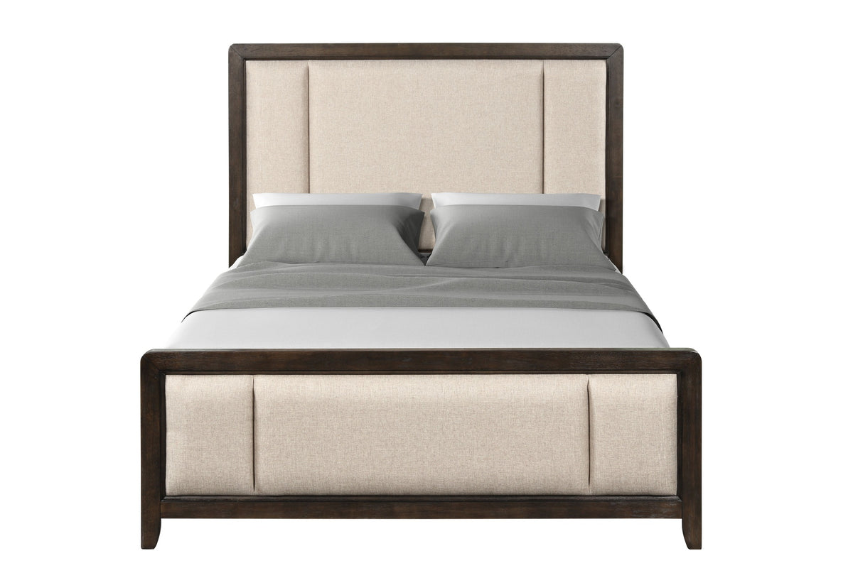 King Upholstered Headboard & Footboard Antique Brown Wood Finish with Traditional Styling