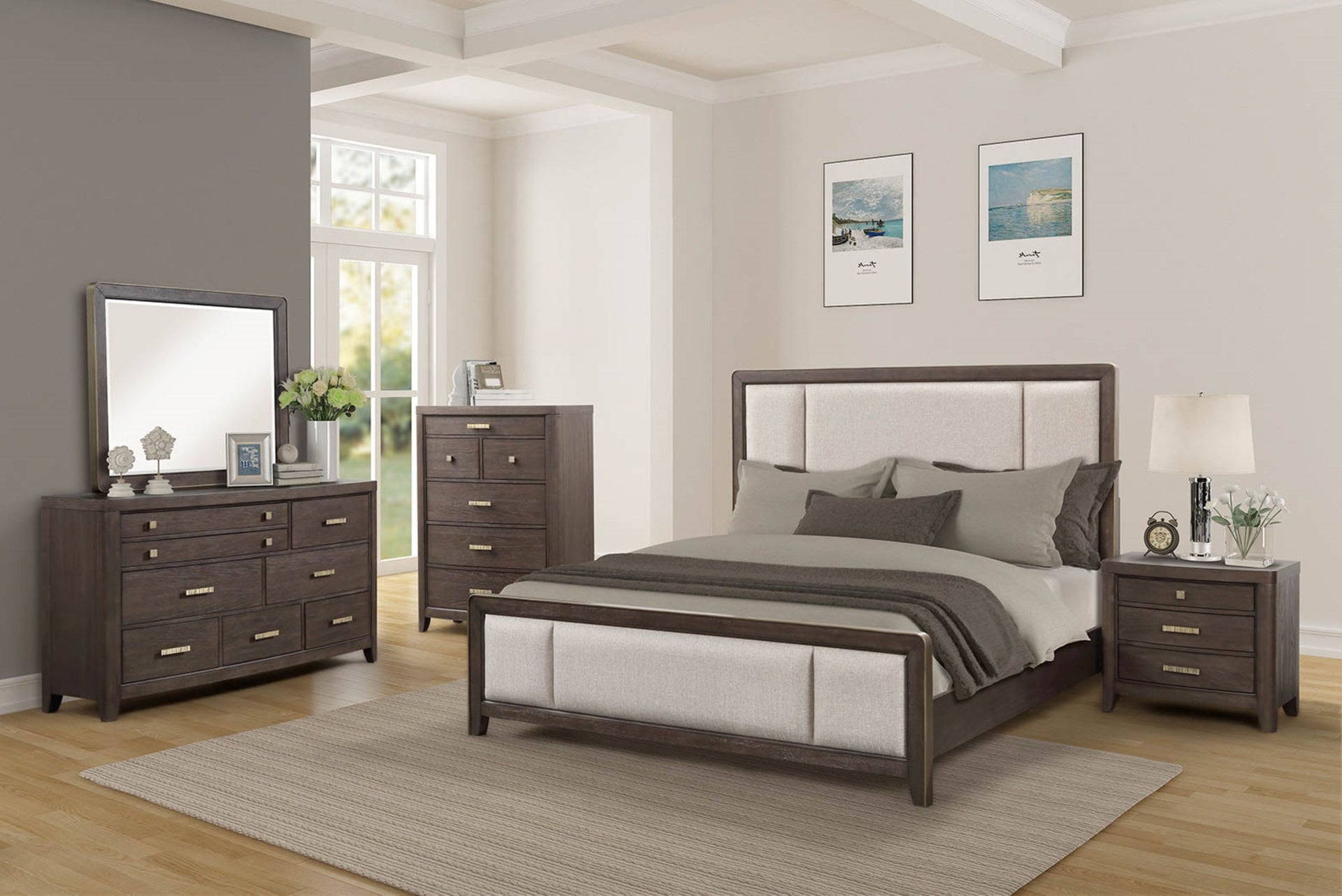 King Upholstered Headboard & Footboard Antique Brown Wood Finish with Traditional Styling