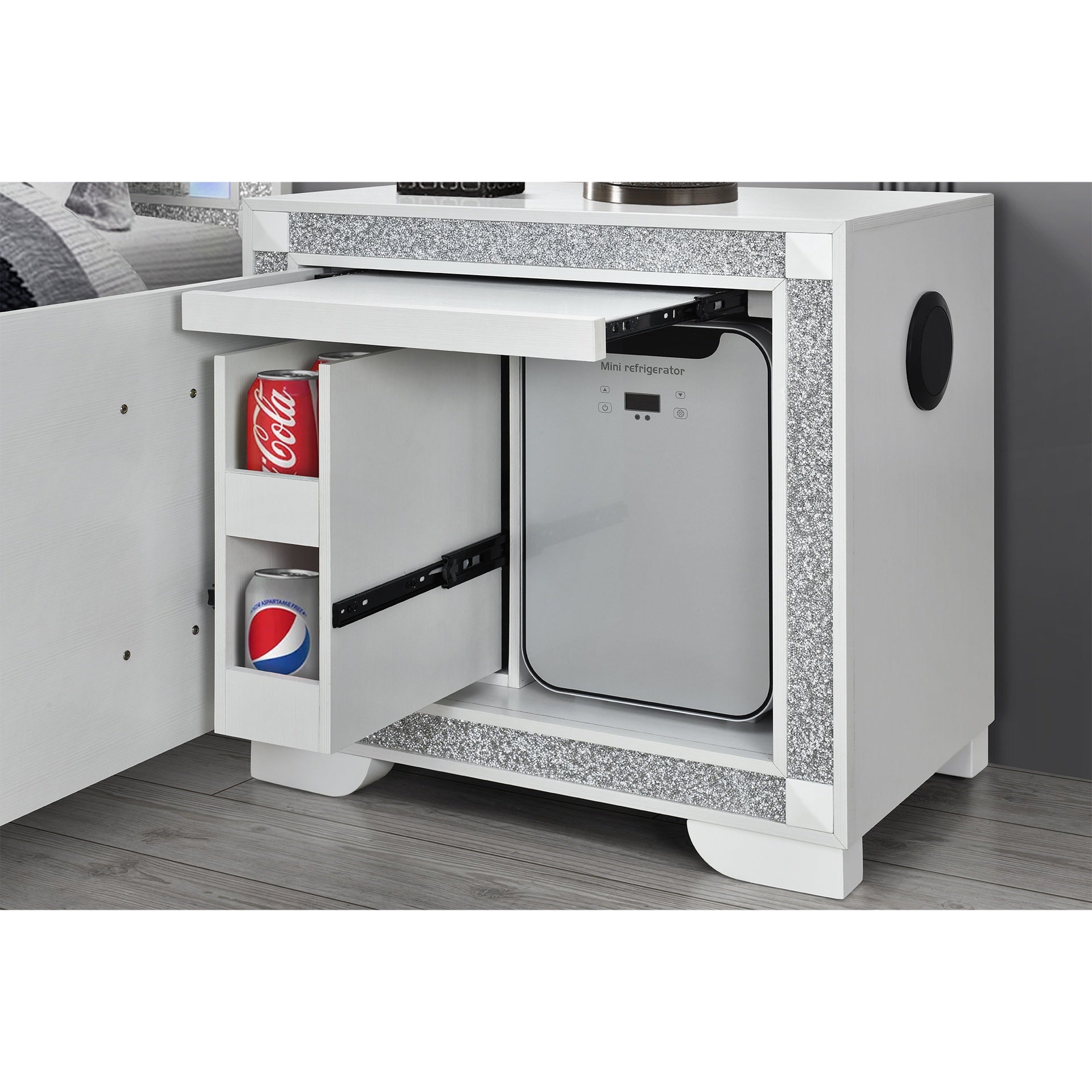 Soulmarie White Nightstand with Cooler and Speaker