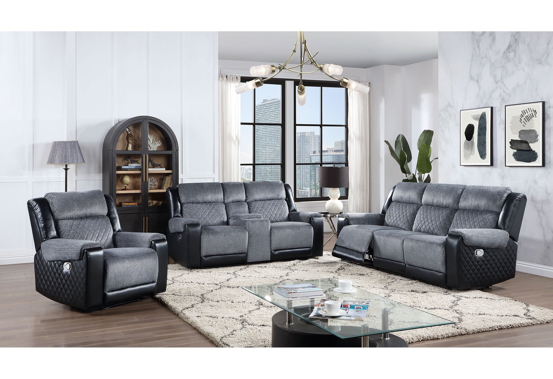 ALICIA GREY/BLACK RECLINING SOFA LOVESEAT AND CHAIR