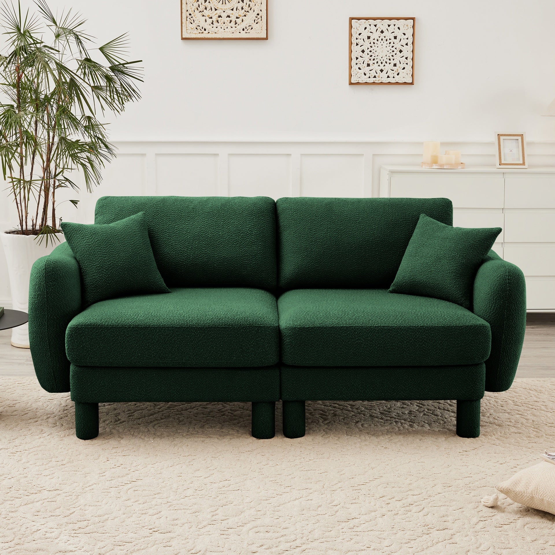 Boucle Fabric 2-seater Loveseat Sofa Couch  Distinctive Shell-shaped Armrests,Cylindrical Legs Wrapped with Self-fabric,Green Color