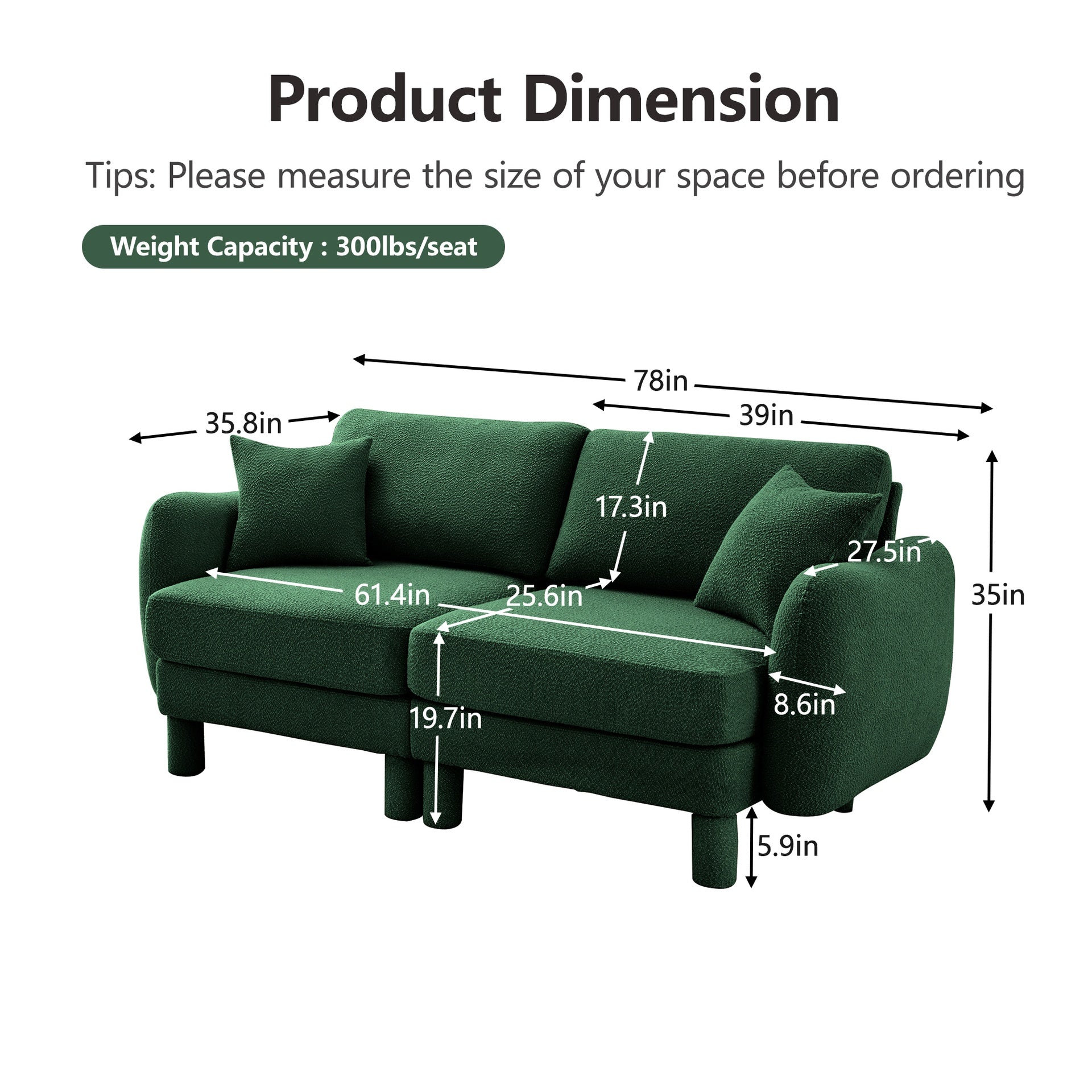 Boucle Fabric 2-seater Loveseat Sofa Couch  Distinctive Shell-shaped Armrests,Cylindrical Legs Wrapped with Self-fabric,Green Color