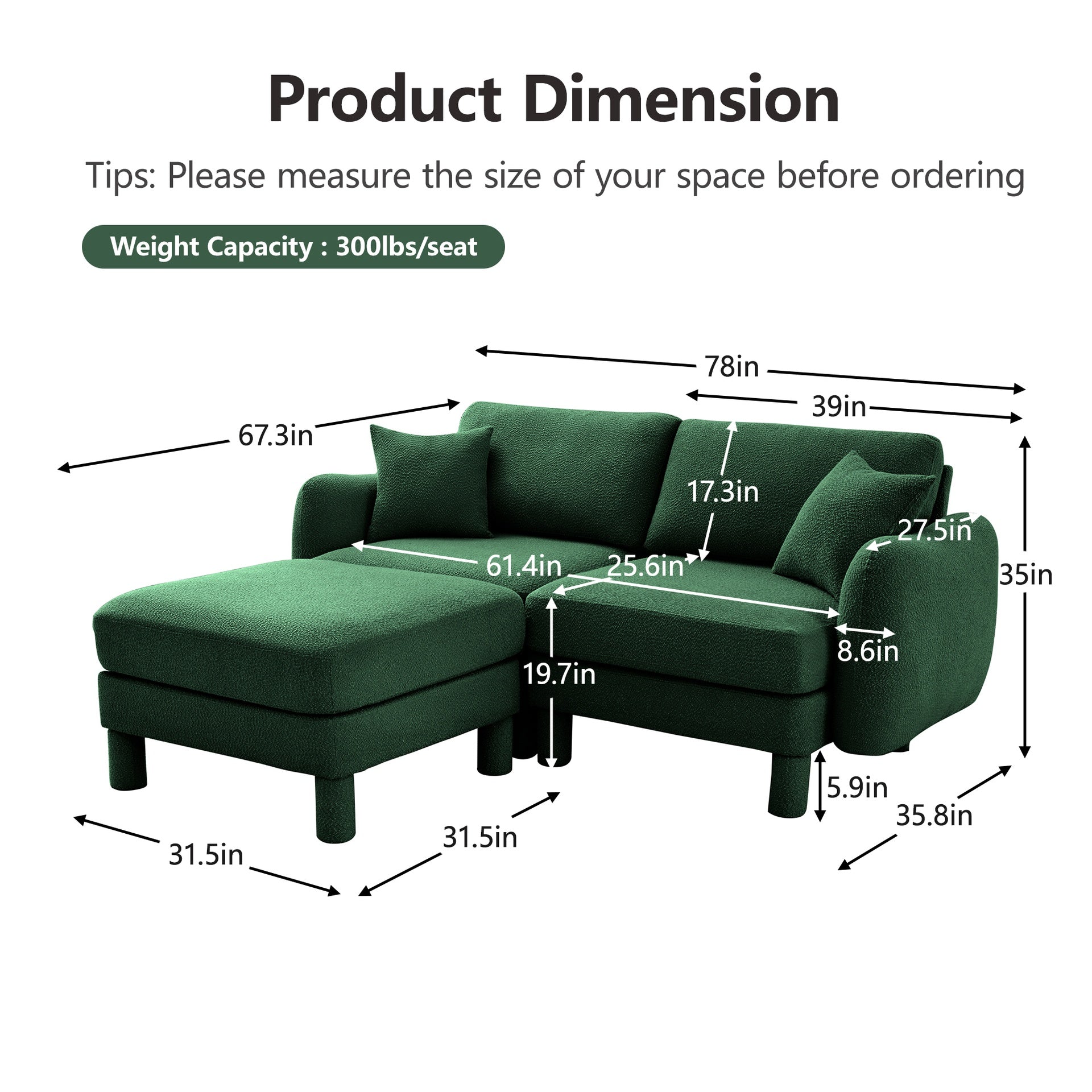 Boucle Fabric Sectional 2-seater Loveseat Sofa Couch With Distinctive Shell-shaped Armrests And Removable Ottoman,Cylindrical Legs Wrapped with Self-fabric,Green Color