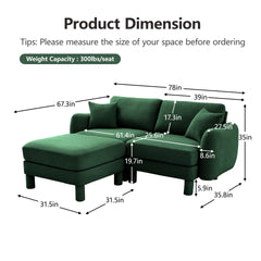 Boucle Fabric Sectional 2-seater Loveseat Sofa Couch With Distinctive Shell-shaped Armrests And Removable Ottoman,Cylindrical Legs Wrapped with Self-fabric,Green Color