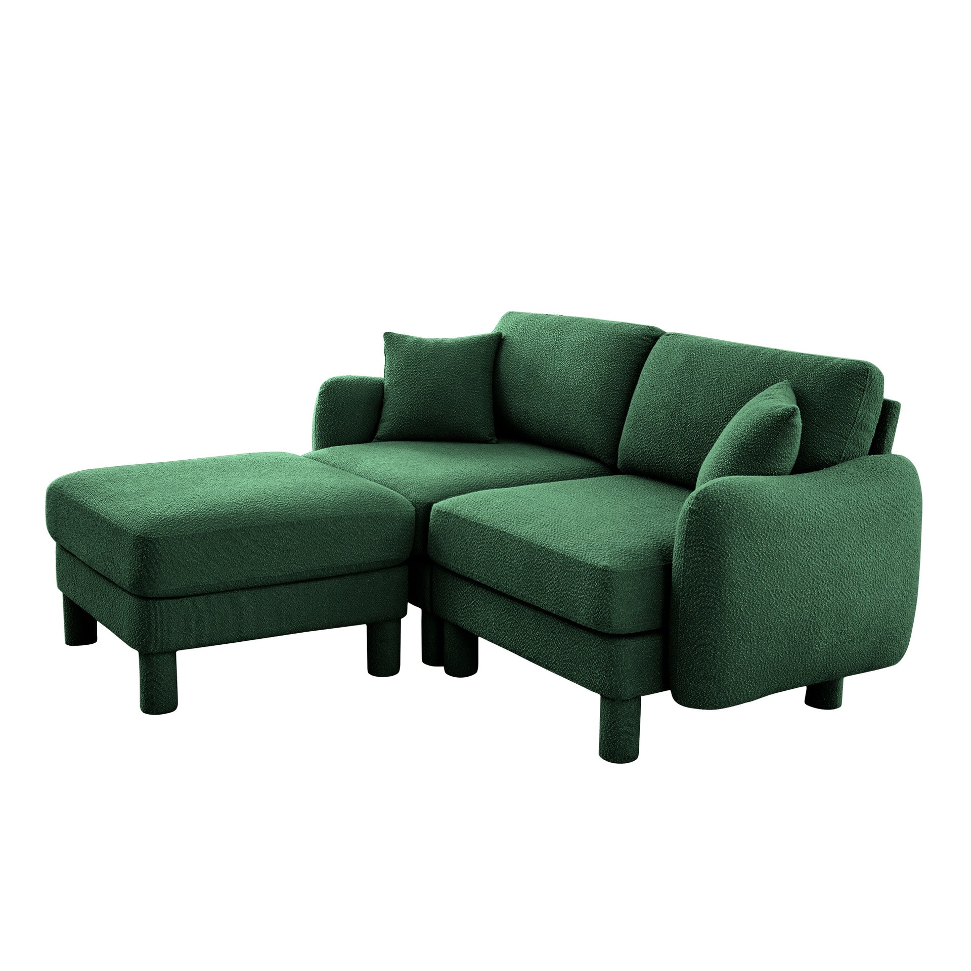 Boucle Fabric Sectional 2-seater Loveseat Sofa Couch With Distinctive Shell-shaped Armrests And Removable Ottoman,Cylindrical Legs Wrapped with Self-fabric,Green Color