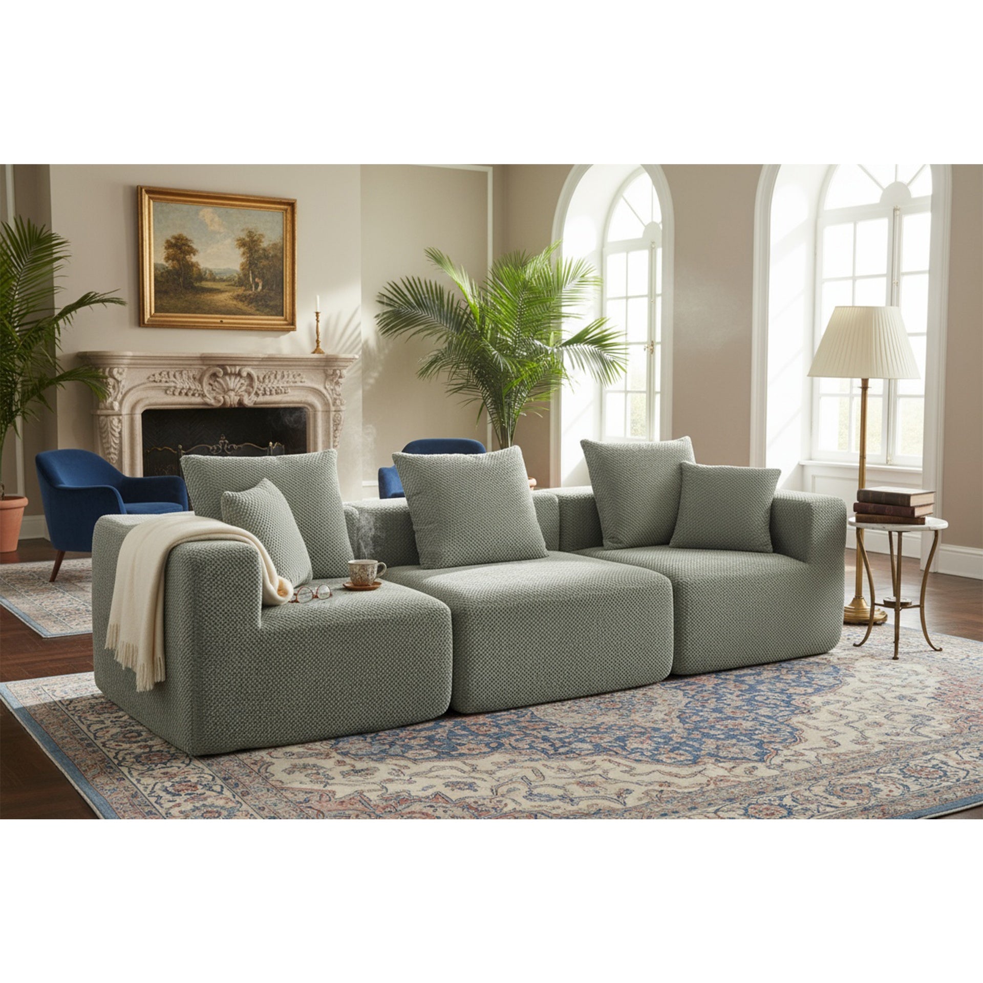 Modular 3-Seat Sectional Sofa, All-Foam Deep-Seat Couch with Plush Textured Chenille, Compressed Shipping & Tool-Free Setup, Low-Profile Design for Small Spaces, 111" W × 37" D × 23.6" H-Light Green