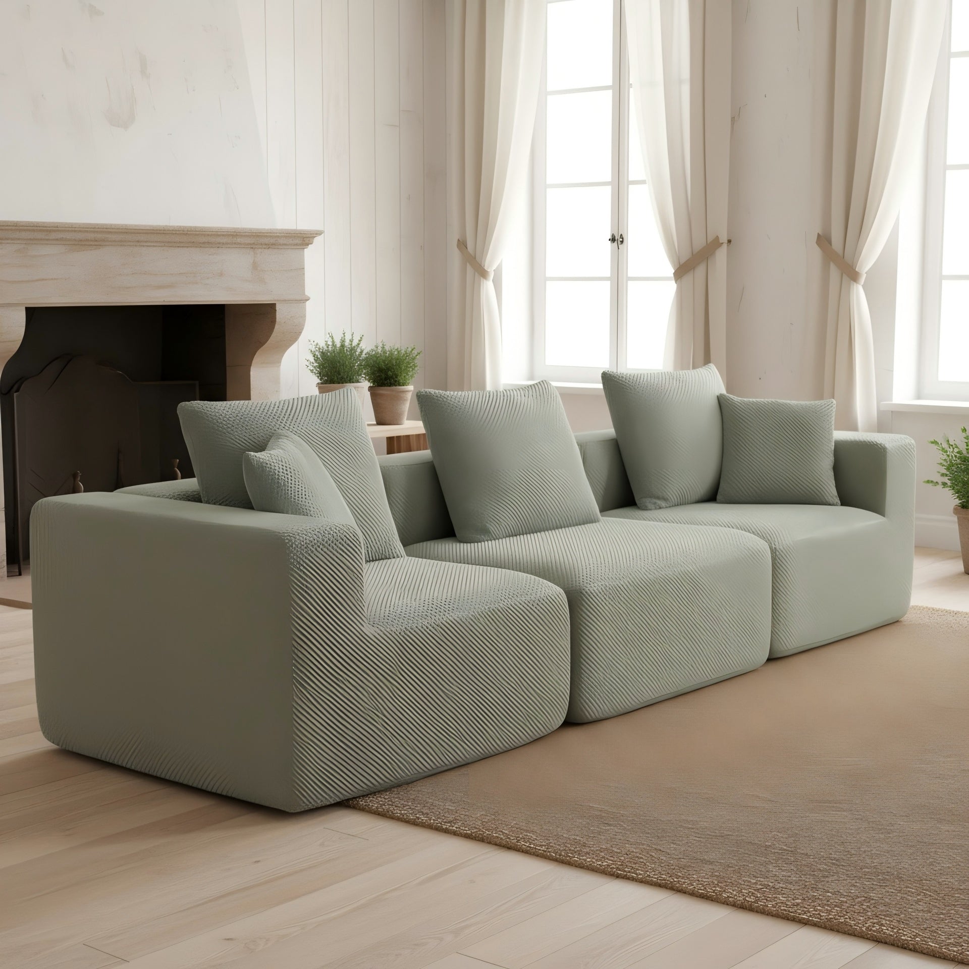 Modular 3-Seat Sectional Sofa, All-Foam Deep-Seat Couch with Plush Textured Chenille, Compressed Shipping & Tool-Free Setup, Low-Profile Design for Small Spaces, 111" W × 37" D × 23.6" H-Light Green