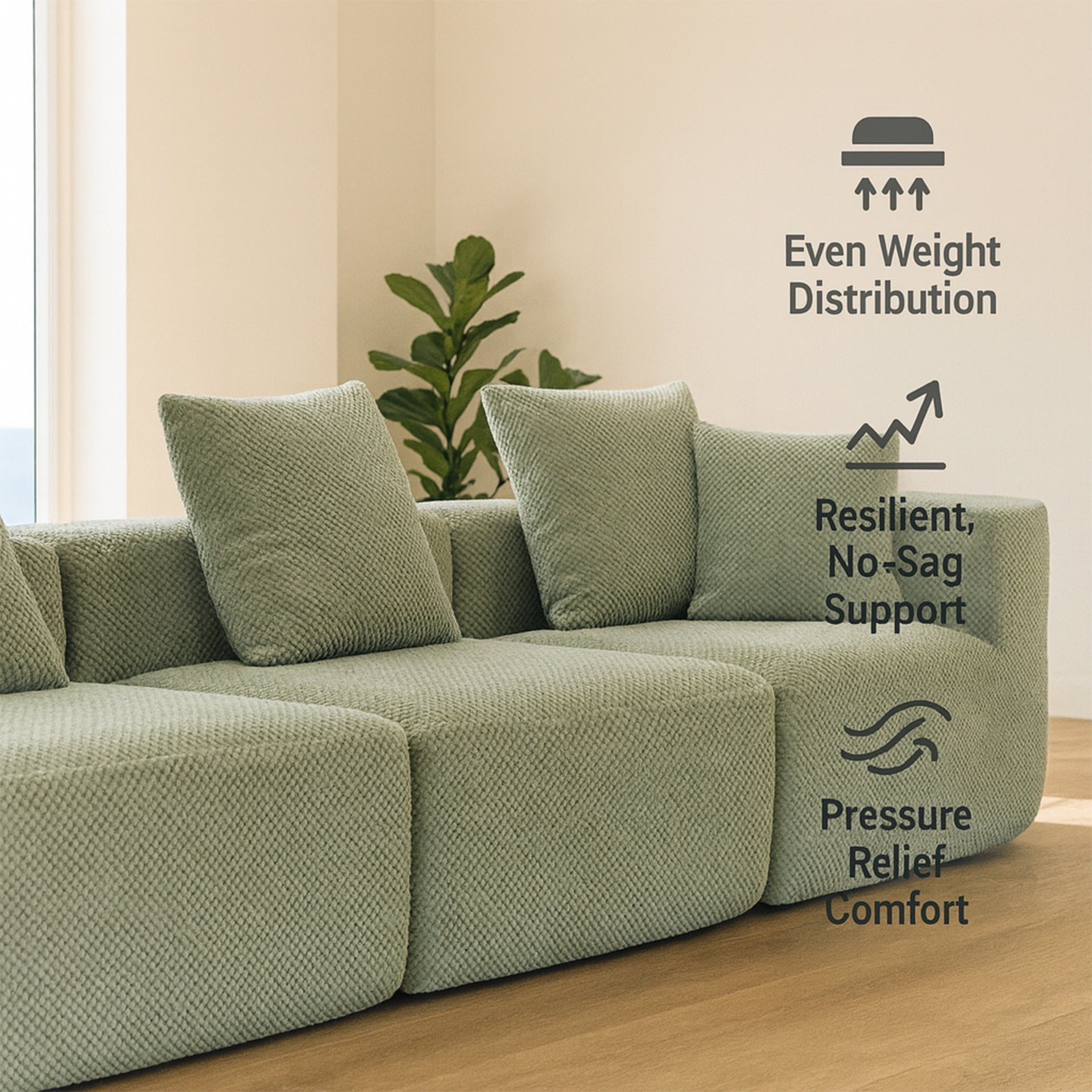 Modular 3-Seat Sectional Sofa, All-Foam Deep-Seat Couch with Plush Textured Chenille, Compressed Shipping & Tool-Free Setup, Low-Profile Design for Small Spaces, 111" W × 37" D × 23.6" H-Light Green