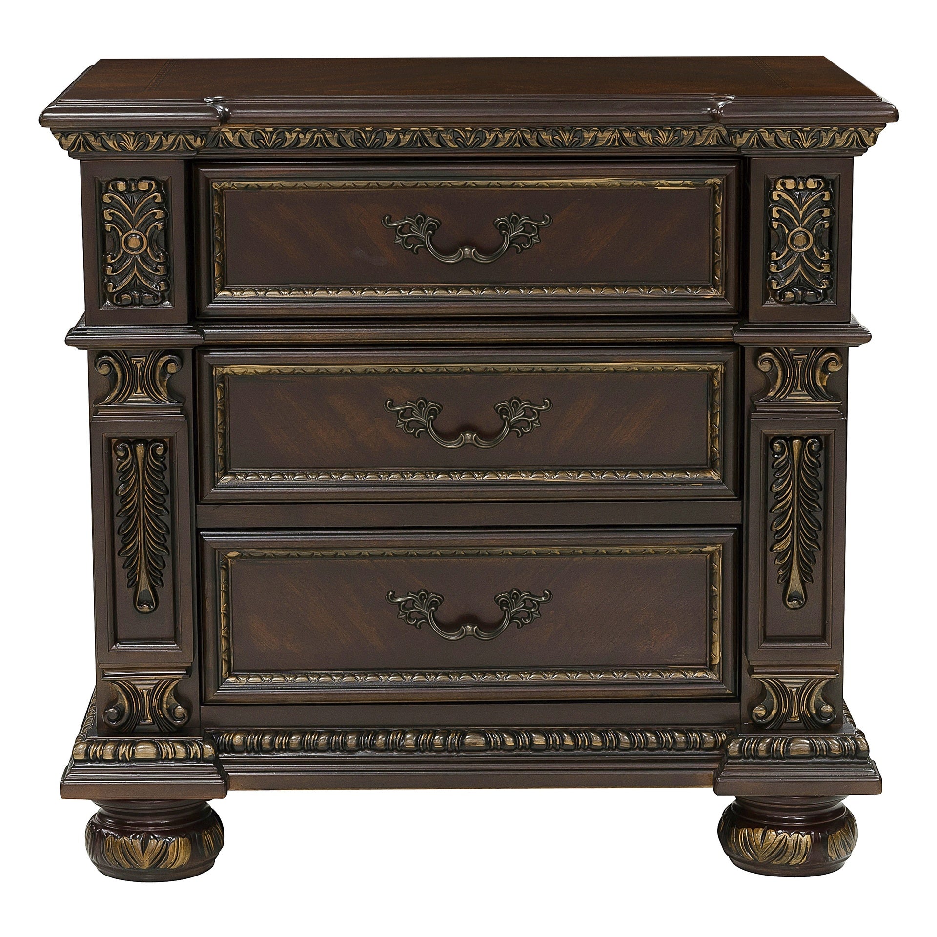 Traditional Design Dark Cherry Finish with Gold Tipping 1pc Nightstand of 3x Drawers Formal Style Bedroom Furniture