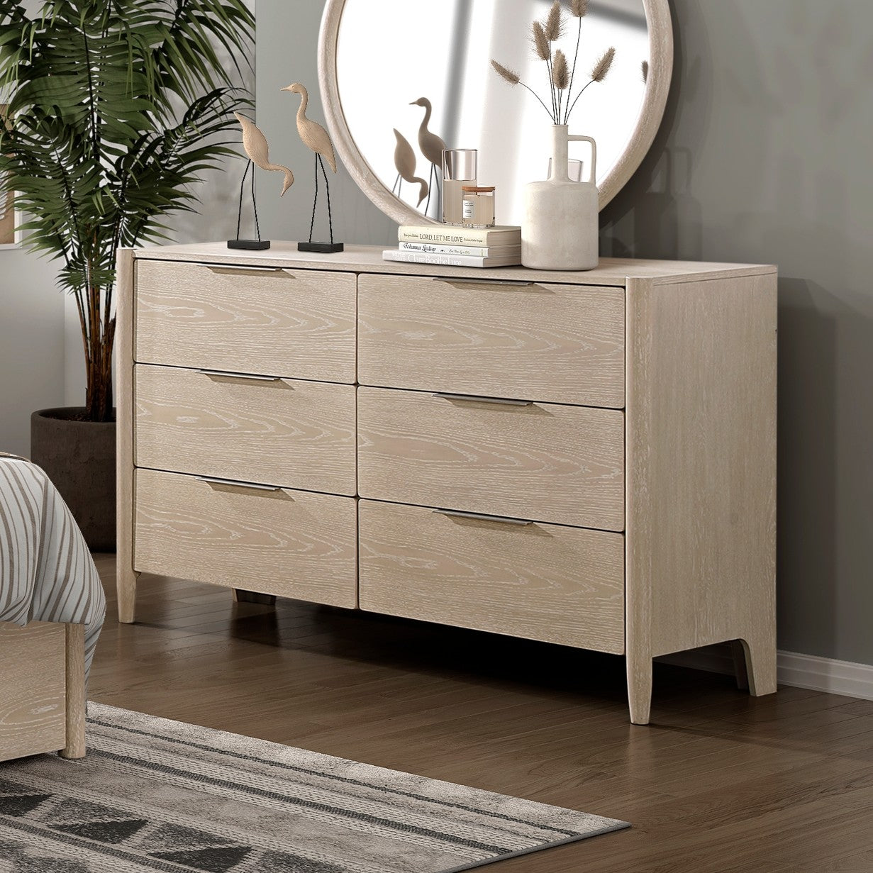 Modern Six Drawers Dresser Mirror Set Light Oak Finish Bedroom Furniture 1pc, Storage Cabinet Round Mirror
