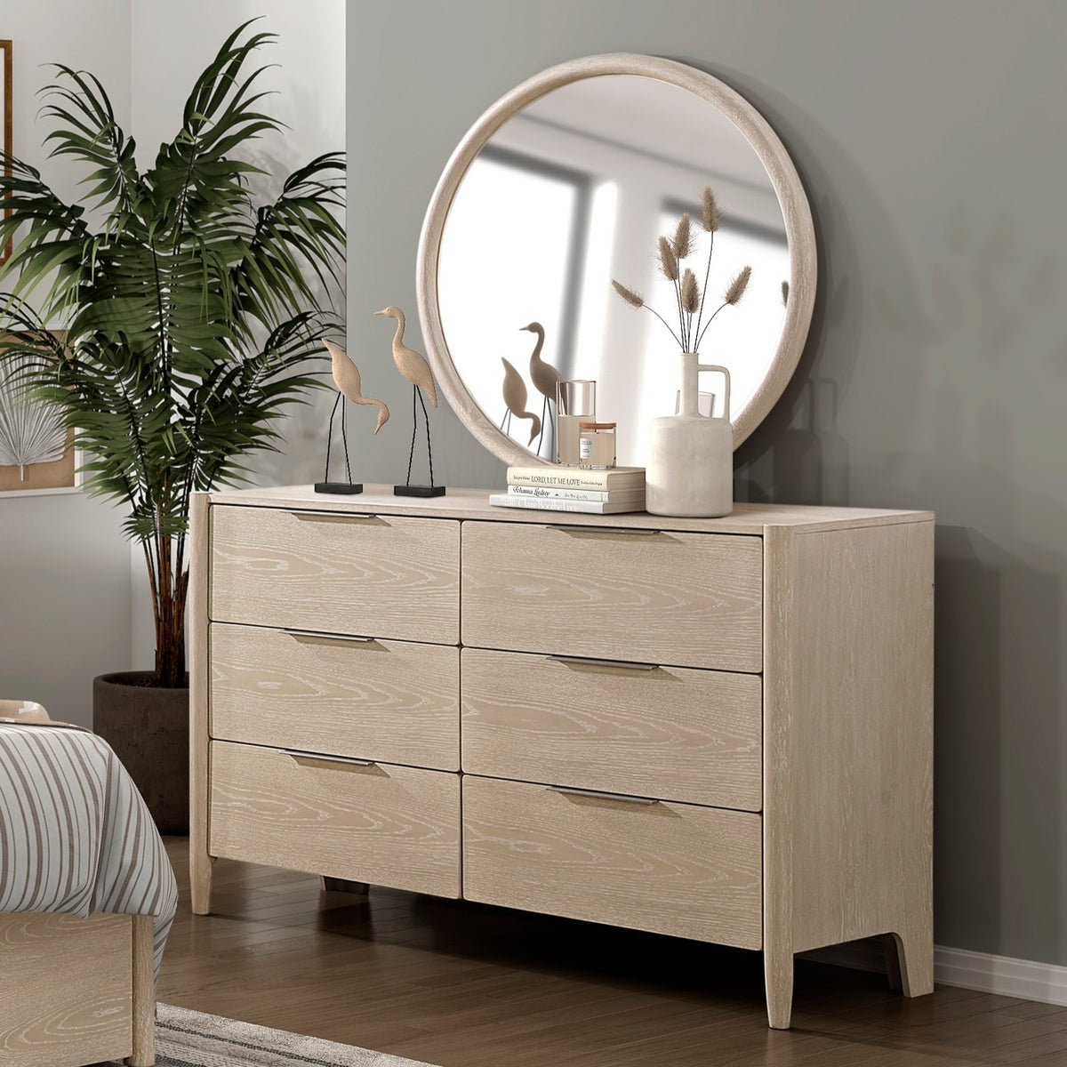 Modern Six Drawers Dresser Mirror Set Light Oak Finish Bedroom Furniture 1pc, Storage Cabinet Round Mirror