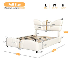 Full Size Upholstered PU Leather Bed Frame, with Butterfly Shaped Headboard and Footboard, Platform Bed Frame with Gold Metal decorations, No Box Spring Needed, Beige