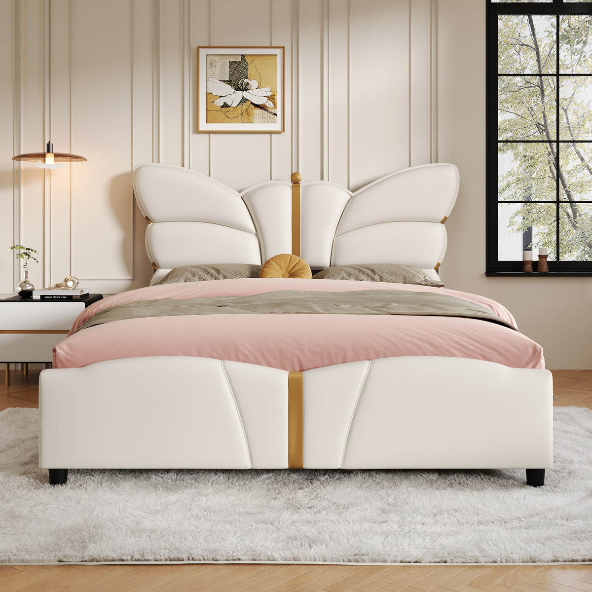 Full Size Upholstered PU Leather Bed Frame, with Butterfly Shaped Headboard and Footboard, Platform Bed Frame with Gold Metal decorations, No Box Spring Needed, Beige