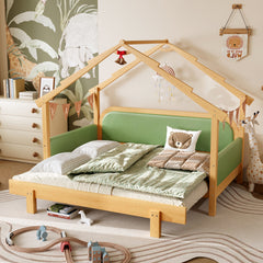 Twin Size Wood Treehouse bed with Soft Cushion Rails,for Kids, Teens, Girls, Boys,Green