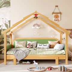 Twin Size Wood Treehouse bed with Soft Cushion Rails,for Kids, Teens, Girls, Boys,Green