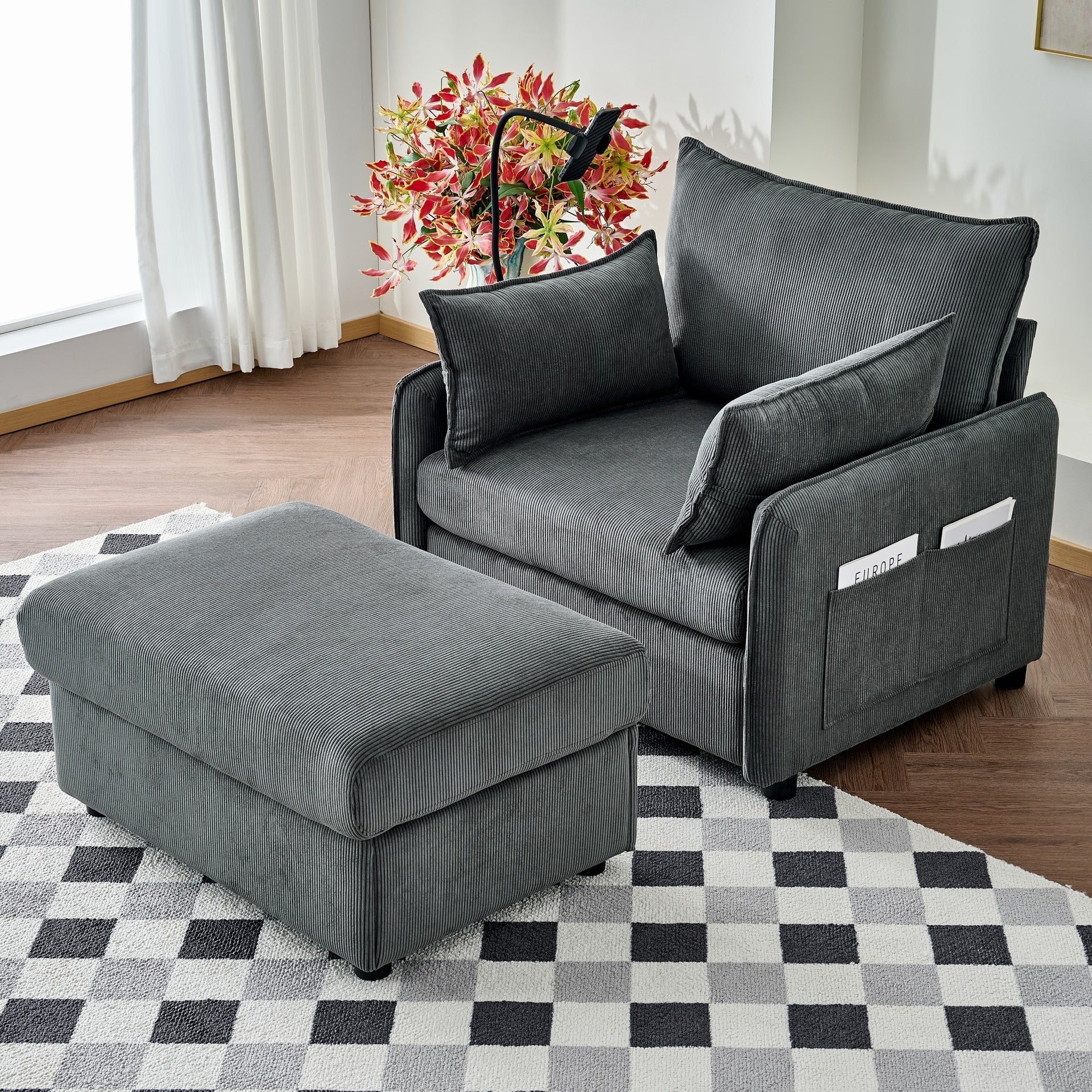 55" Oversized Chaise Lounge Chair Indoor with Ottoman and Storage , Comfy Corduroy Single Sofa, Upholstered Deep Seat Chaise Lounge with Pillows for Living Room, Bedroom, Apartment, Grey.