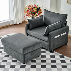 55" Oversized Chaise Lounge Chair Indoor with Ottoman and Storage , Comfy Corduroy Single Sofa, Upholstered Deep Seat Chaise Lounge with Pillows for Living Room, Bedroom, Apartment, Grey.