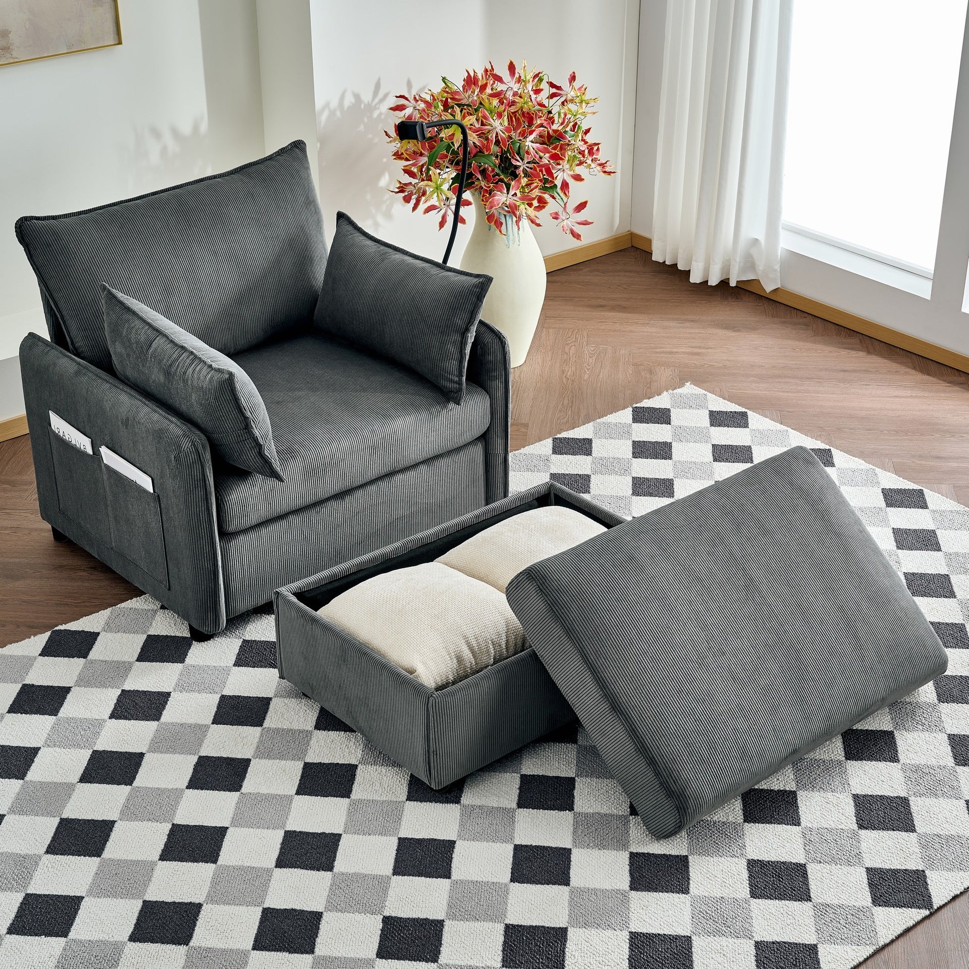 55" Oversized Chaise Lounge Chair Indoor with Ottoman and Storage , Comfy Corduroy Single Sofa, Upholstered Deep Seat Chaise Lounge with Pillows for Living Room, Bedroom, Apartment, Grey.